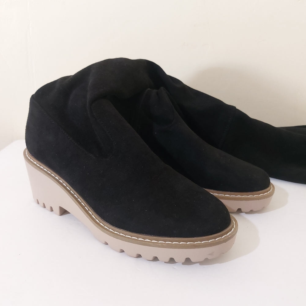 Nicole Miller Bass Black Vegan Leather Grunge Over The Knee Chunky Heeled Boot - Picture 2 of 13